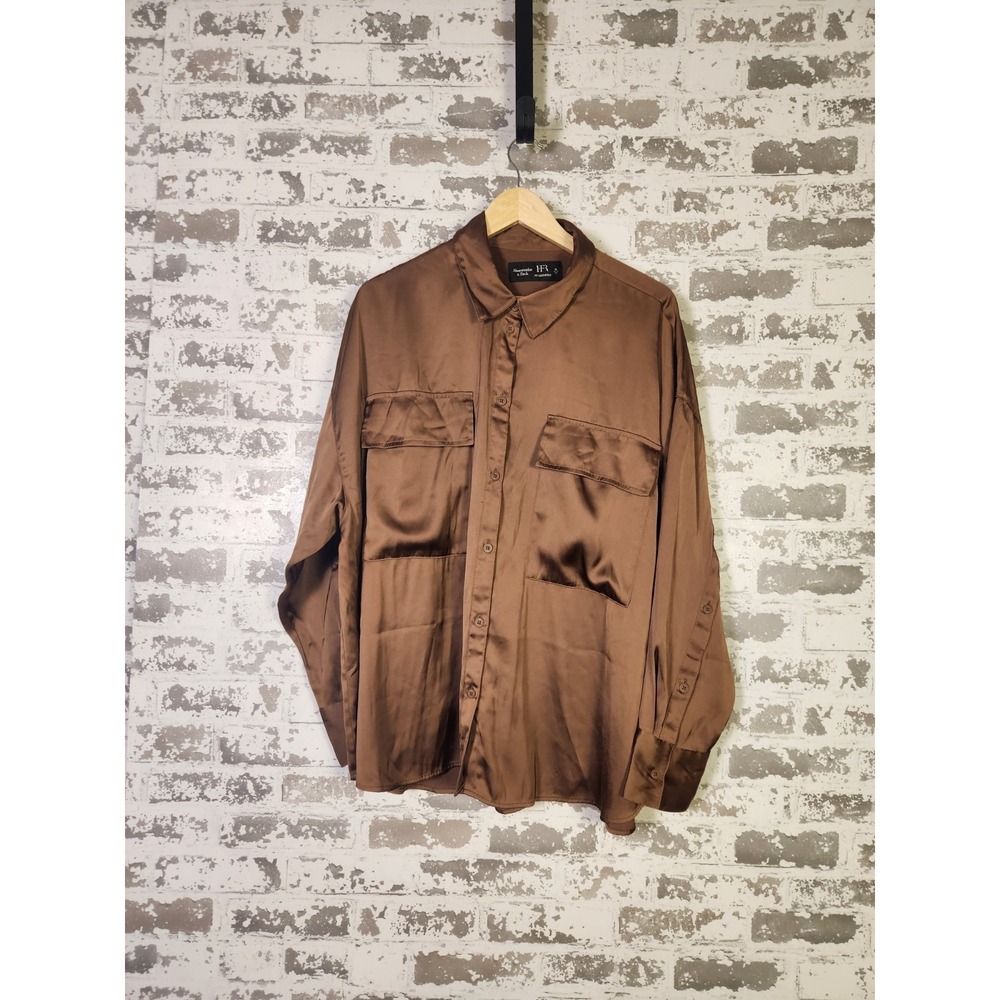 A&F Satin Utility Button-Up Shirt in Brown